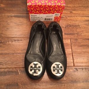 Tory Burch Reva Black & Silver Ballet Flats-Sz 6